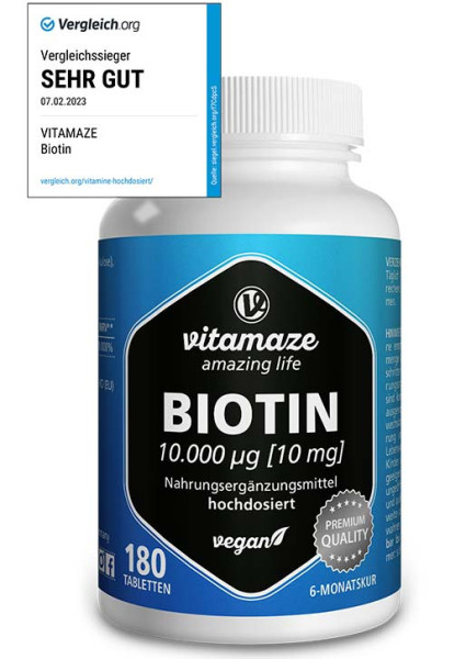 Biotin 10 mg / 10.000 µg hochdosiert, 180 vegane Tabletten