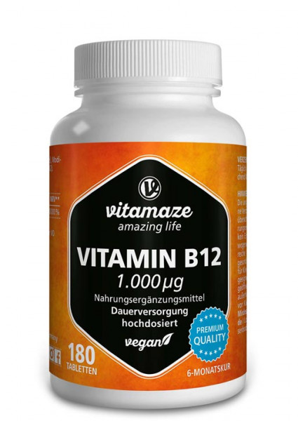 Vitamin B12 1.000 µg hochdosiert, 180 vegane Tabletten