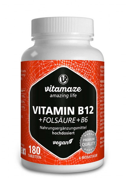 Vitamin B12 1.000 µg hochdosiert + Folsäure + B6, 180 vegane Tabletten