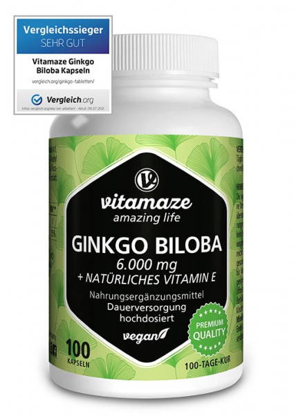 Ginkgo Biloba 6.000 mg hochdosiert + natürliches Vitamin E + Acai, 100 vegane Kapseln