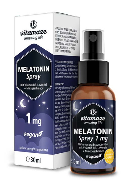 Melatonin 1 mg Spray + Vitamin B6, Lavendel und Minzgeschmack, 30 ml