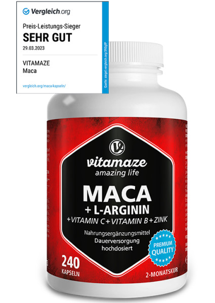 Maca 4000 hochdosiert + L-Arginin + Vitamine + Zink, 240 Kapseln