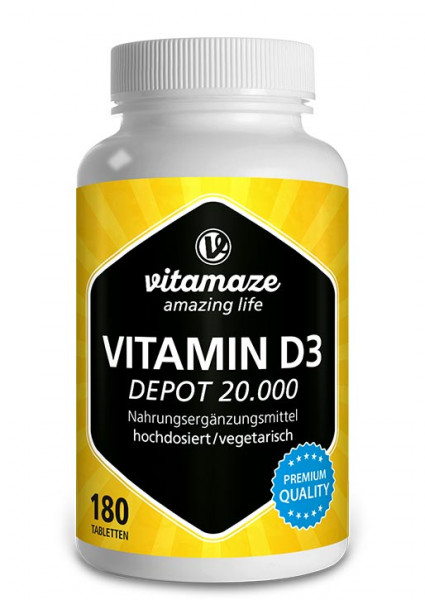 Vitamin D3 Depot 20.000 IE extra hochdosiert, 180 vegetarische Tabletten