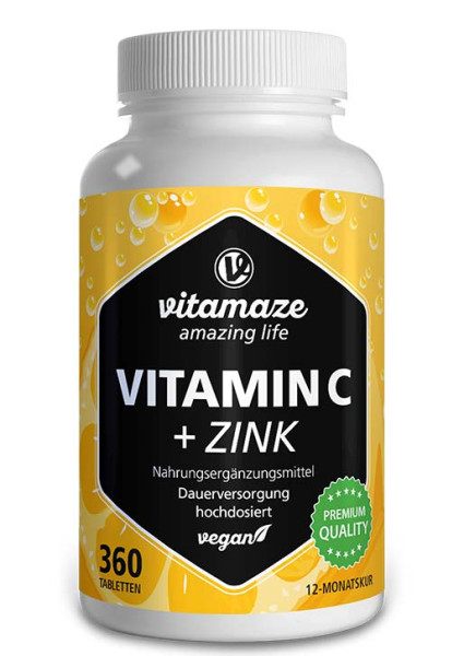 Vitamin C hochdosiert + Zink, 360 vegane Tabletten