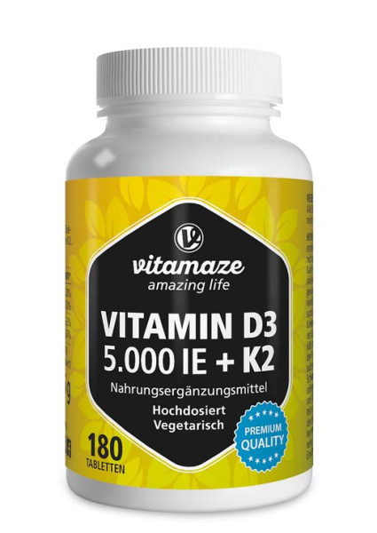 Vitamin D3 5000 IE + K2 100 µg hochdosiert & vegetarisch, 180 Tabletten