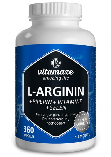 L-Arginin hochdosiert + Piperin + Vitamine + Selen, 360 Kapseln