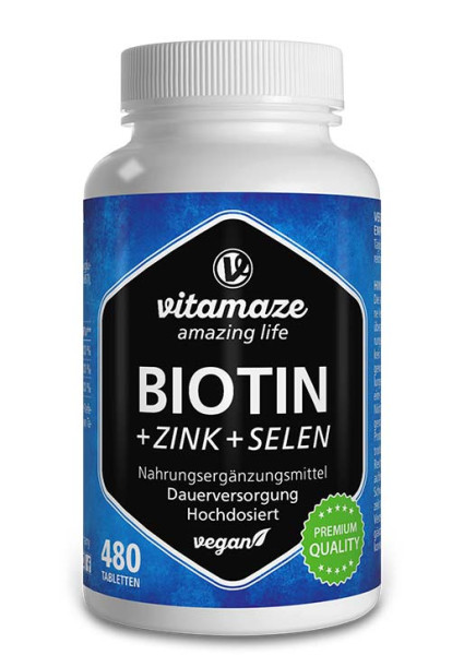 Biotin hochdosiert + Zink + Selen, 480 vegane Tabletten