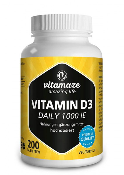 Vitamin D3 1.000 IE Daily hochdosiert, 200 vegetarische Tabletten