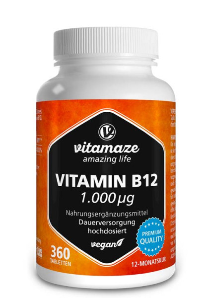 Vitamin B12 1.000 µg hochdosiert, 360 vegane Tabletten