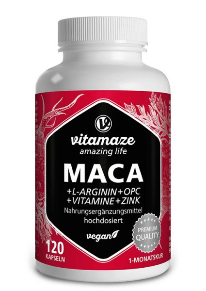 Maca extra hochdosiert + L-Arginin + OPC + Vitamine + Zink, 120 vegane Kapseln