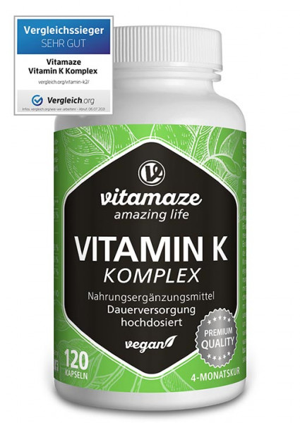 Vitamin K Komplex hochdosiert K1 + K2 Menaquinon MK4 MK7, 120 vegane Kapseln
